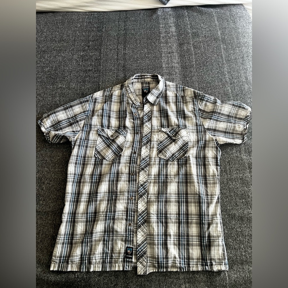 Kuhl Mens Gray Plaid Suncel Hiking Outdoor Short Sleeve Button Down Sz Large